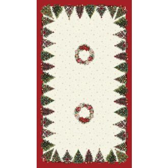   Karácsonyfás, piros szélű asztalterítő, 137x240 cm, arany lurex