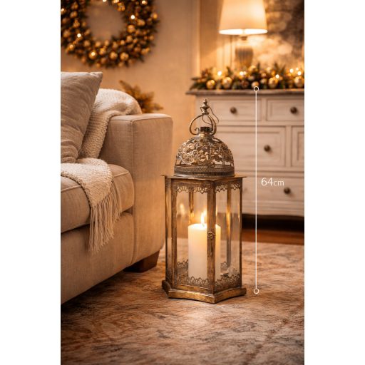 Antik stílusú, fém lámpás 33,5x29x64cm