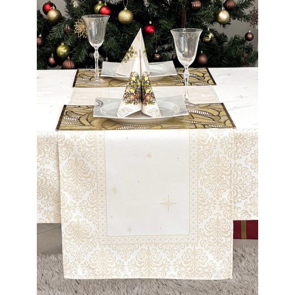 ARANY LUREX ASZTALI FUTÓ, BAROKK MINTÁS, 44X140 CM