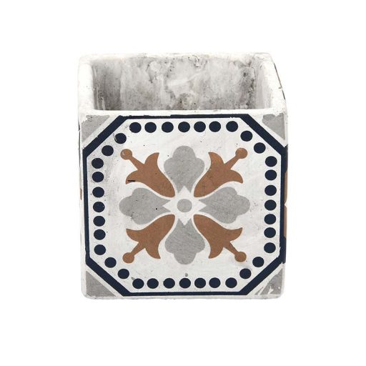 Mediterrán stílusú kerámia virágcserép, portugál mozaik mintával, 11 x 11 cm, kültéri és beltéri dekorációs kiegészítő