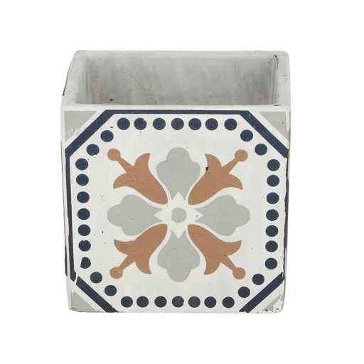 Mediterrán stílusú kerámia virágcserép, portugál mozaik mintával, 13 x 13 cm, kültéri és beltéri dekorációs kiegészítő
