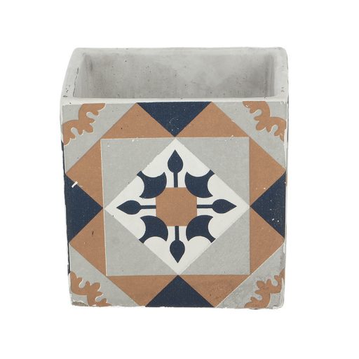 Mediterrán stílusú kerámia virágcserép, portugál mozaik mintával, 13 x 13 cm, kültéri és beltéri dekorációs kiegészítő