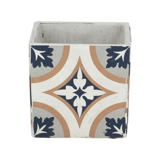 Mediterrán stílusú kerámia virágcserép, portugál mozaik mintával, 13 x 13 cm, kültéri és beltéri dekorációs kiegészítő