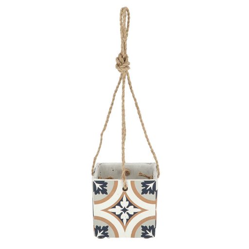 Mediterrán stílusú kerámia felakasztható virágcserép, portugál mozaik mintával, 13,6 x 13,6 cm, kültéri és beltéri dekorációs kiegészítő