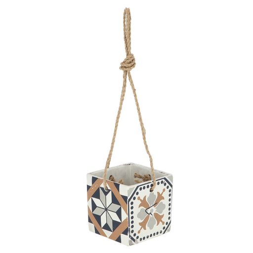 Mediterrán stílusú kerámia felakasztható virágcserép, portugál mozaik mintával, 13,6 x 13,6 cm, kültéri és beltéri dekorációs kiegészítő