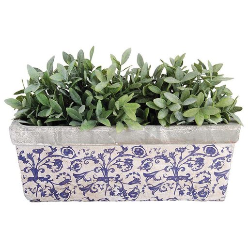 Mediterrán stílusú kerámia virágláda, kék fehér mintás, 39 x 15 cm, kültéri és beltéri dekorációs kiegészítő