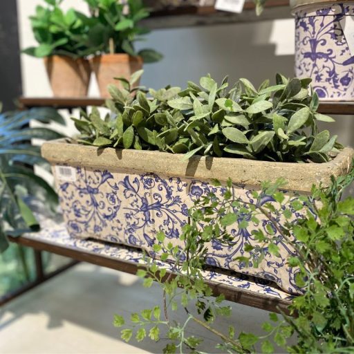 Mediterrán stílusú kerámia virágláda, kék fehér mintás, 39 x 15 cm, kültéri és beltéri dekorációs kiegészítő