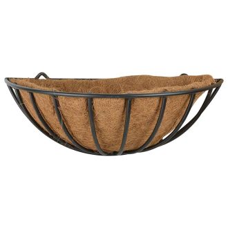   Fali félkör alakú fém virágtartó kosár, kókuszrost betéttel, 50 x 20 cm