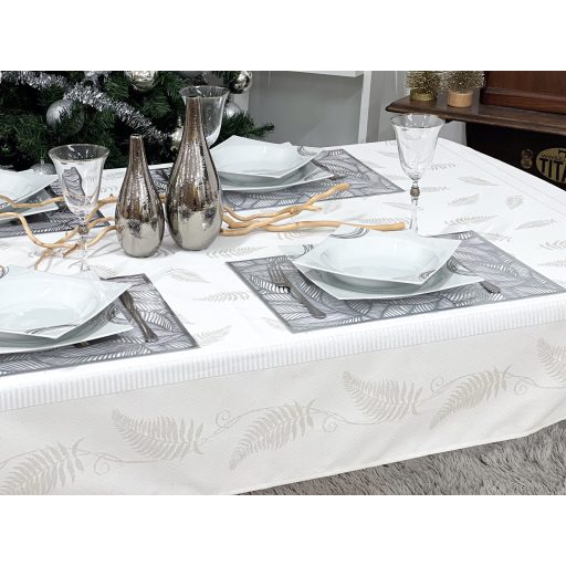 Ezüst lurex asztalterítő, páfrány mintás, 137x180 cm
