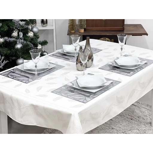Ezüst lurex asztalterítő, páfrány mintás, 137x180 cm