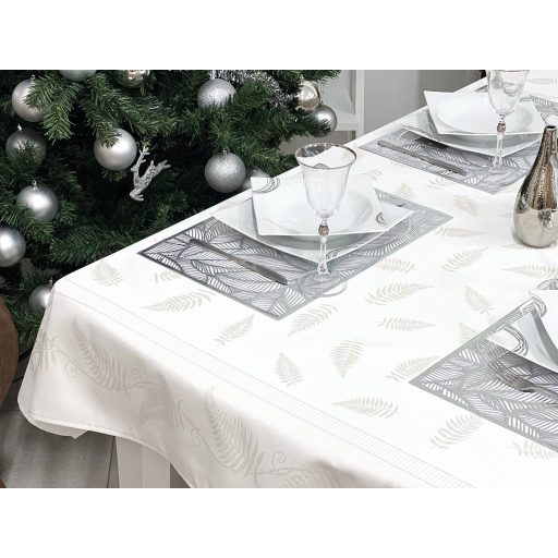 Ezüst lurex asztalterítő, páfrány mintás, 137x240 cm