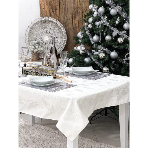Ezüst lurex asztalterítő, páfrány mintás, 137x240 cm
