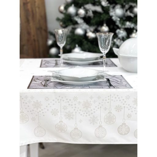 Ezüst lurex asztalterítő, gömb mintás, 137x180 cm
