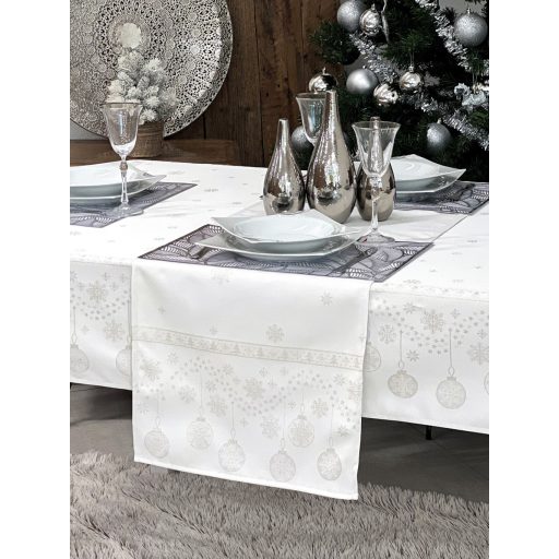 Ezüst lurex asztali futó, gömb mintás, 44x140 cm