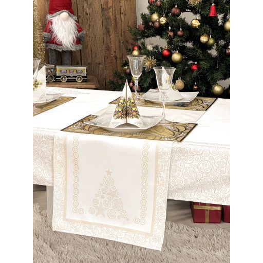 Arany lurex asztali futó, karácsonyfa mintás, 44x140 cm