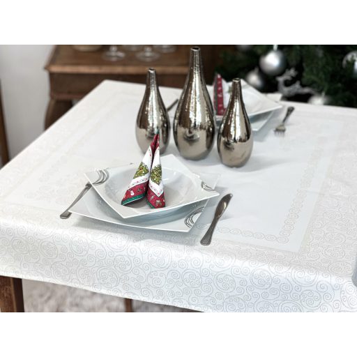 Ezüst lurex asztalterítő, karácsonyfa mintás, 96x100 cm