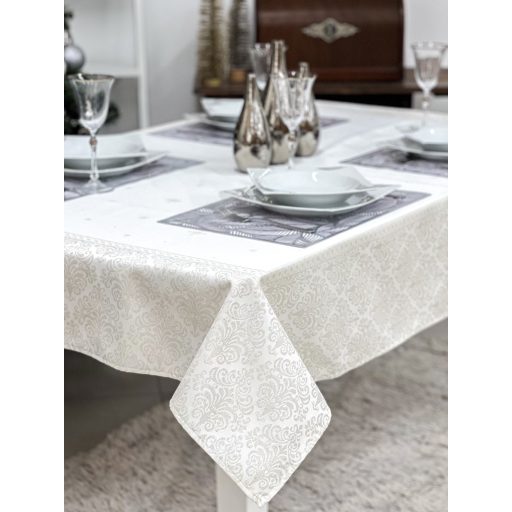 Ezüst lurex asztalterítő, barokk mintás, 137x180 cm