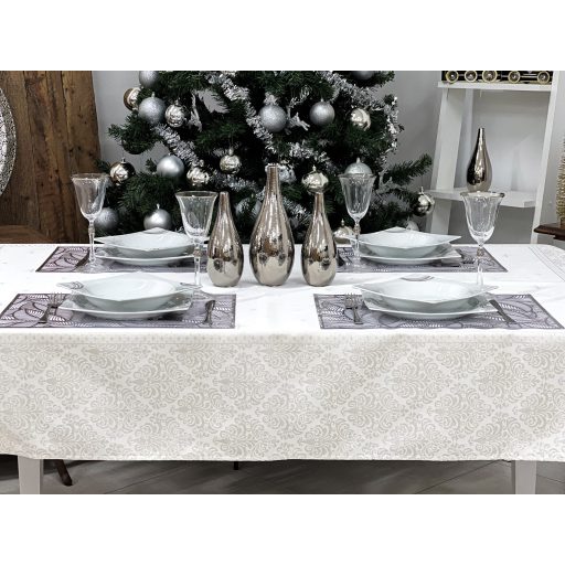 Ezüst lurex asztalterítő, barokk mintás, 137x180 cm