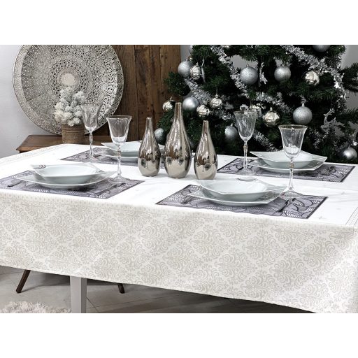 Ezüst lurex asztalterítő, barokk mintás, 137x180 cm