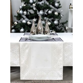 Ezüst lurex asztali futó, barokk mintás, 44x140 cm