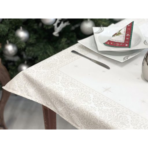 Ezüst lurex asztalterítő, barokk mintás, 96x100 cm