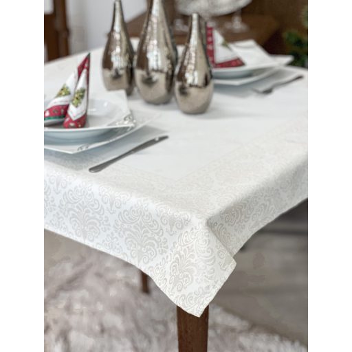 Ezüst lurex asztalterítő, barokk mintás, 96x100 cm