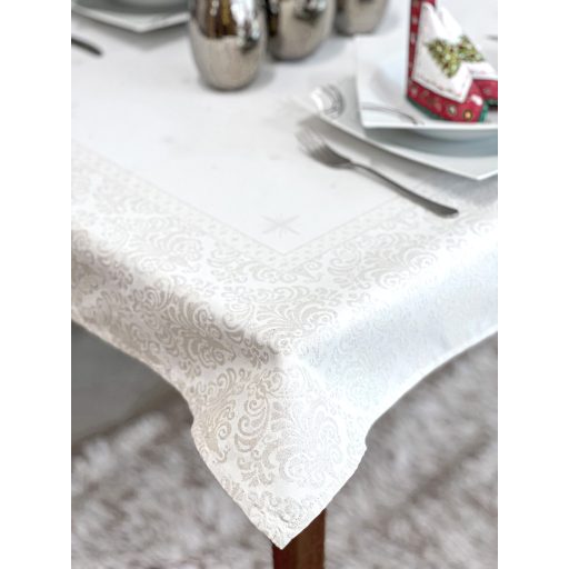 Ezüst lurex asztalterítő, barokk mintás, 96x100 cm