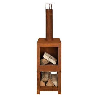   Rusztikus stílusú teraszfűtő kályha, fa tárolóval, 136 cm