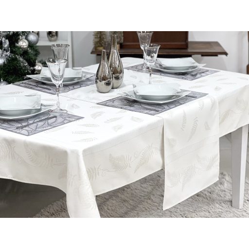 Ezüst lurex asztali futó, páfrány mintás, 37x100 cm