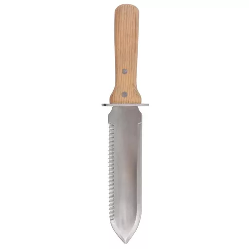 Rozsdamentes acél Hori Hori kés tokkal, kőrisfa nyéllel,  32 cm