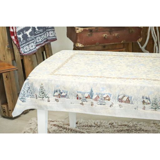 White forest nyuszik a hóban asztalterítő, 137x180 cm, ezüst lurex