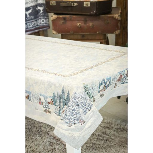 White forest nyuszik a hóban asztalterítő, 137x180 cm, ezüst lurex