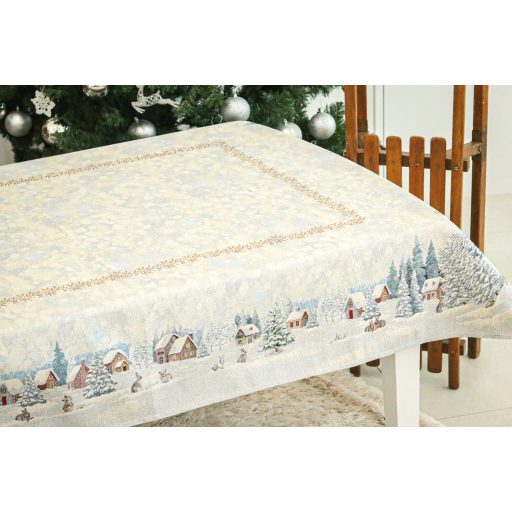 White forest nyuszik a hóban asztalterítő, 137x240 cm, ezüst lurex