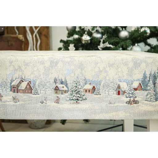 White forest nyuszik a hóban asztalterítő, 137x240 cm, ezüst lurex