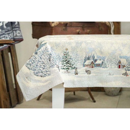 White forest nyuszik a hóban asztalterítő, 137x240 cm, ezüst lurex