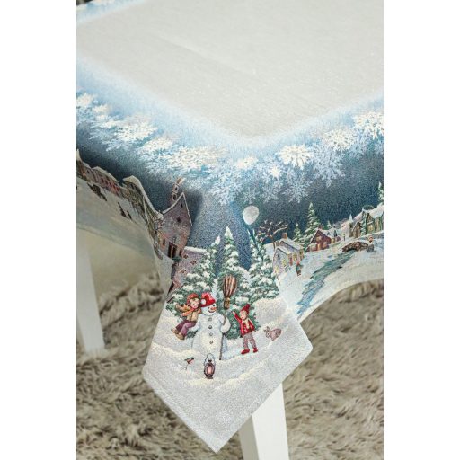 Frosty karácsonyi hóemberes asztalterítő, 137x180 cm, ezüst lurex