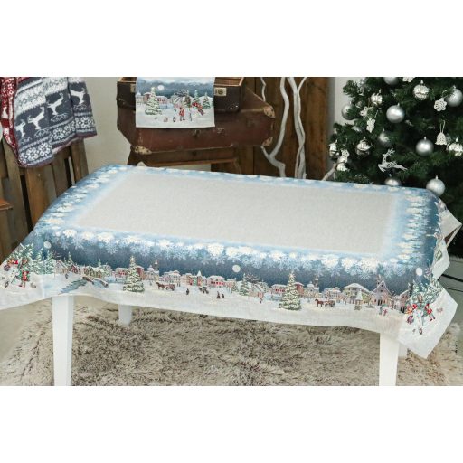 Frosty karácsonyi hóemberes asztalterítő, 137x240 cm, ezüst lurex