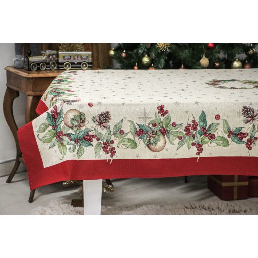 Berry ünnepi, bogyós asztalterítő, 137x180 cm, ezüst lurex