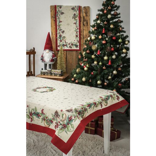 Berry ünnepi, bogyós asztalterítő, 137x240 cm, ezüst lurex