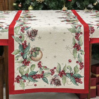   Berry ünnepi, bogyós asztali futó, 44x140 cm, ezüst lurex