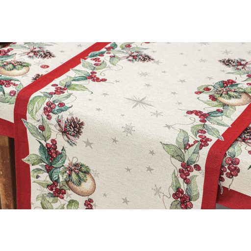 Berry ünnepi, bogyós asztali futó, 44x140 cm, ezüst lurex