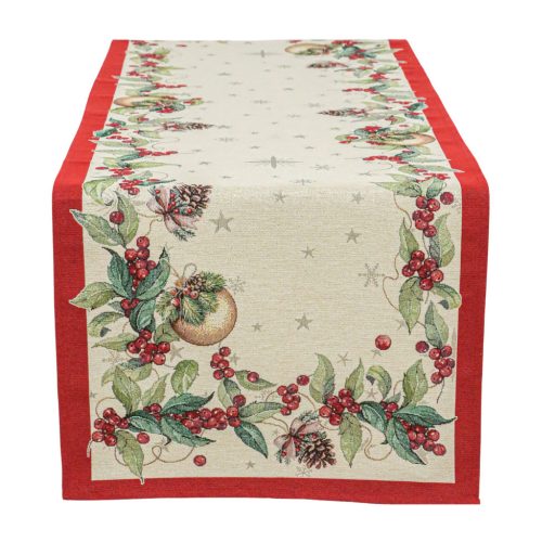 Berry ünnepi, bogyós asztali futó, 44x140 cm, ezüst lurex