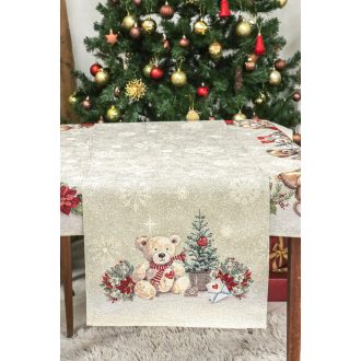 Mackós, karácsonyi asztali futó, 44x140 cm, ezüst lurex