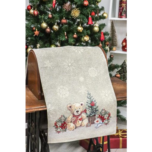 Mackós, karácsonyi asztali futó, 44x140 cm, ezüst lurex