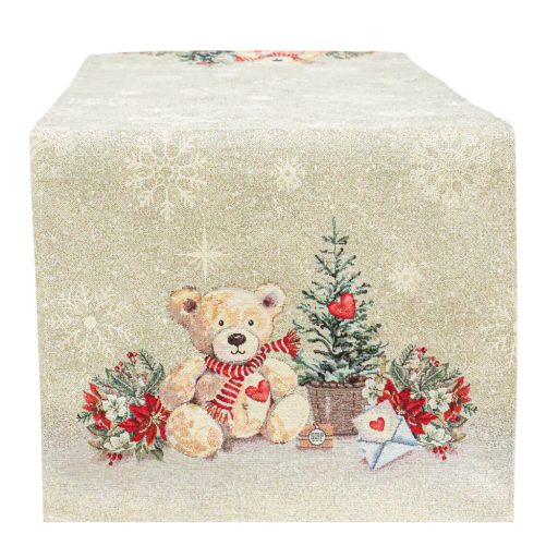 Mackós, karácsonyi asztali futó, 44x140 cm, ezüst lurex