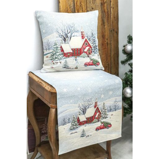 Saint, templomos, piros autós asztali futó, 44x140 cm, ezüst lurex