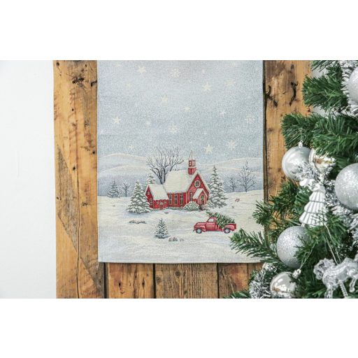 Saint, templomos, piros autós asztali futó, 44x140 cm, ezüst lurex