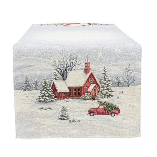 Saint, templomos, piros autós asztali futó, 44x140 cm, ezüst lurex