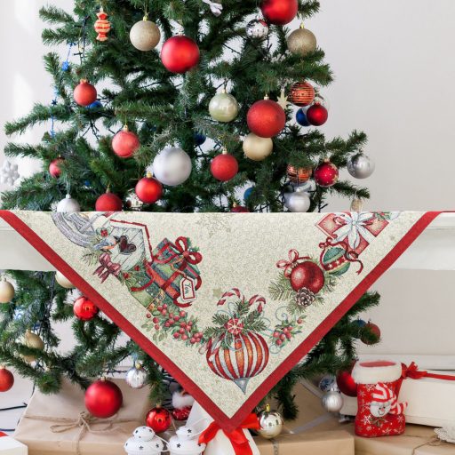 Magic diótörős, piros szélű asztalterítő, 96x100 cm, ezüst lurex