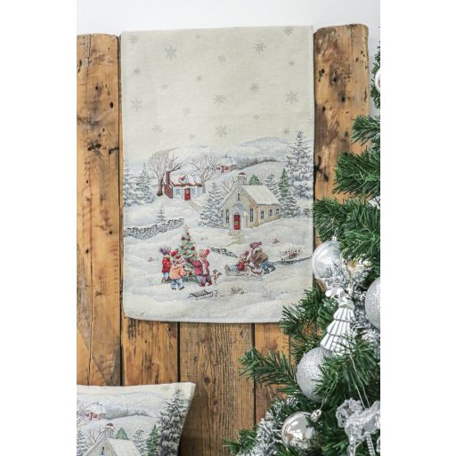 Havas reggel, karácsonyi asztali futó, 44x140 cm, ezüst lurex